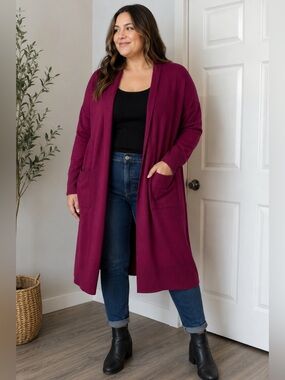 Terra Sky Long Cardigan 1X Raspberry Plum Duster Open Front Plus Size